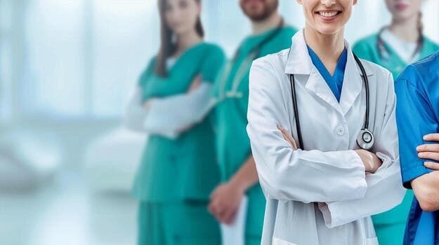 A clinical team in scrubs and a white coat, arms folded