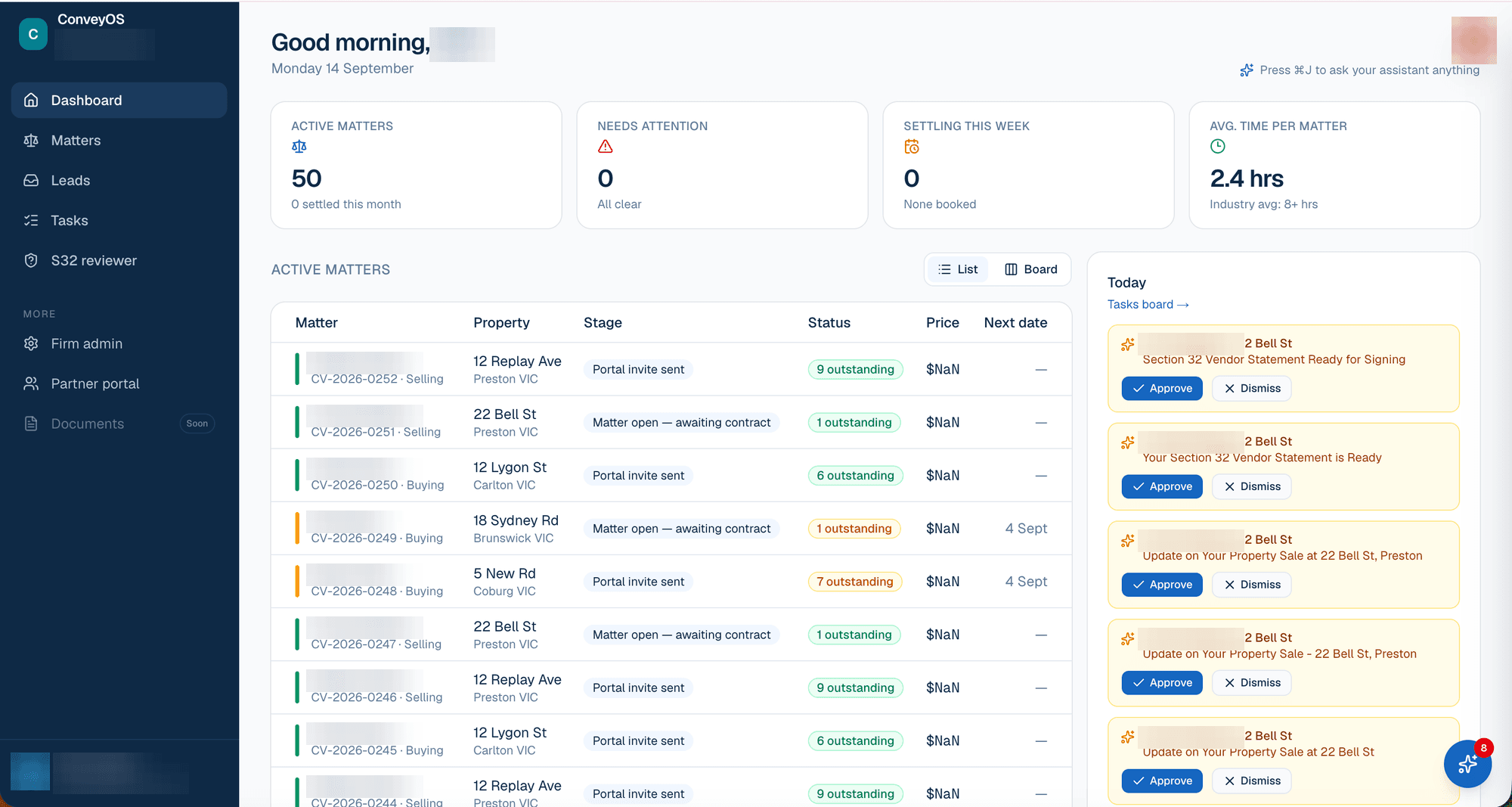 ConveyOS active matters dashboard
